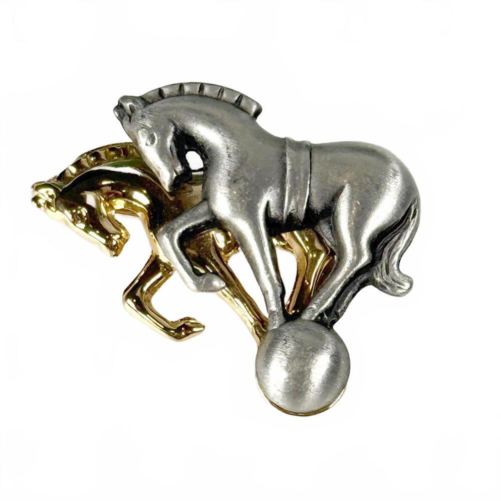 Vintage Canada Two Tone Circus Horse Brooch Pin Gold Silver Tone Signed